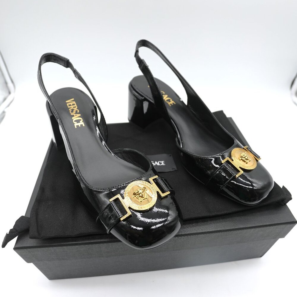 Versace Medusa Black Patent Leather Slingback Heels Size 6.5 EU 37 w/ Box
